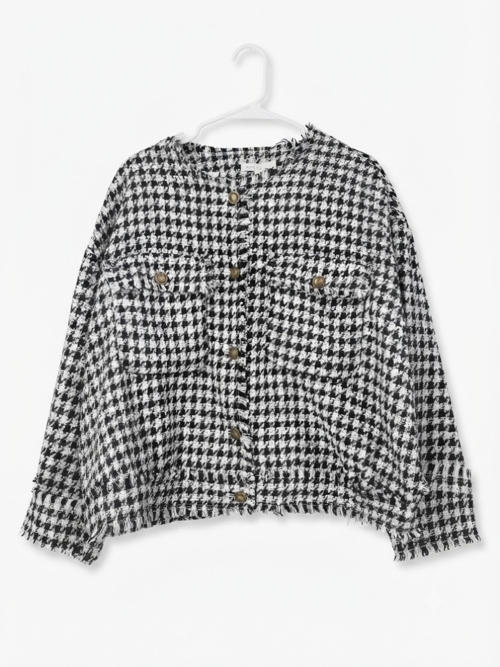 Black & White Houndstooth Tweed Button-Front Jacket
